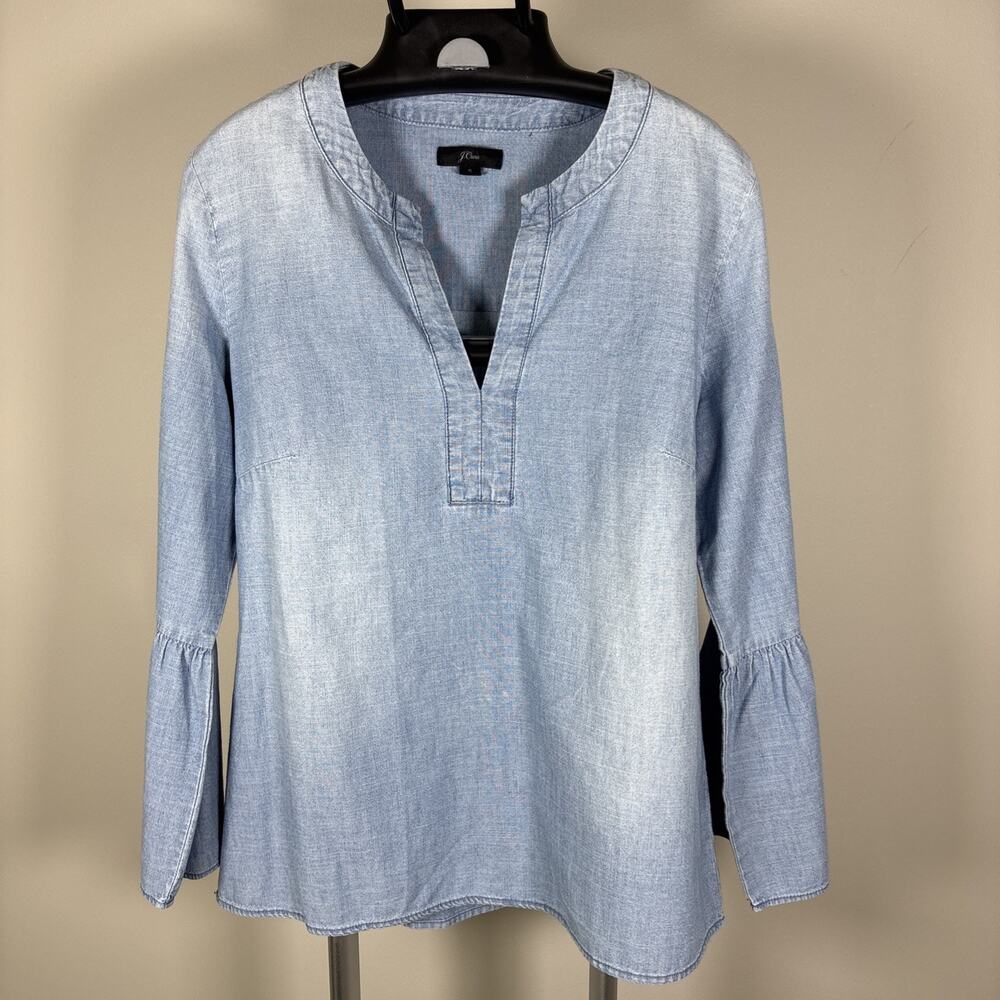 J.Crew Blue Chambray Split Neck Long Bell Sleeve Blouse Top K3822 Women's S